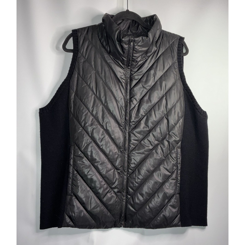 Eileen Fisher Quilted Chevron Puffer Vest Women's Size‎ 1X Black Wool Knit Sides